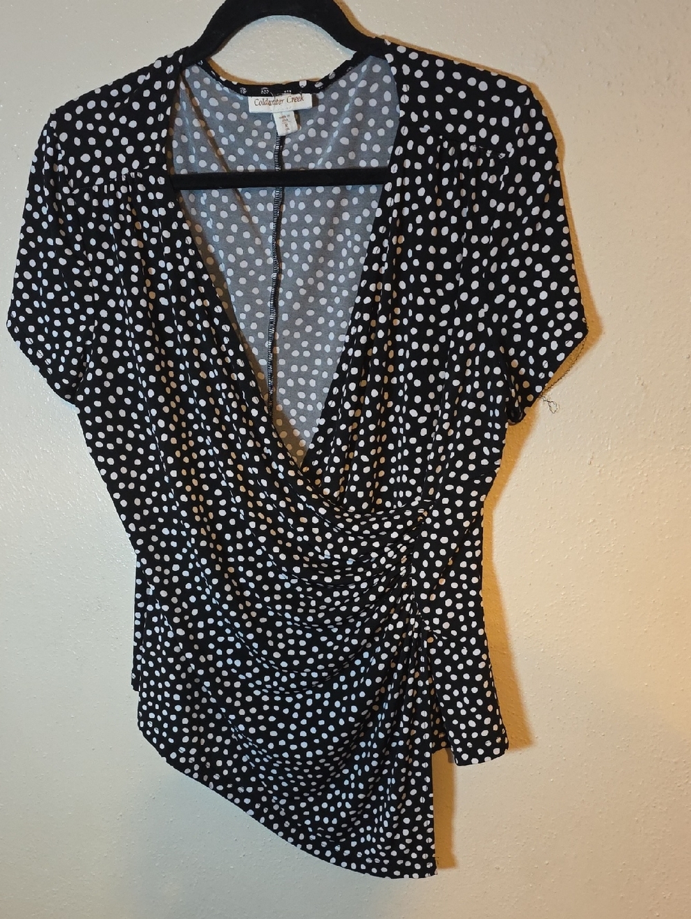 Coldwater Creek Black & White Polka Dot Draped Wrap Top